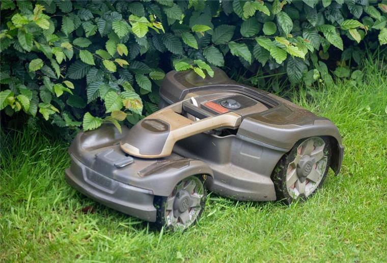 Ein Mähroboter mäht Gras in einem Garten. 