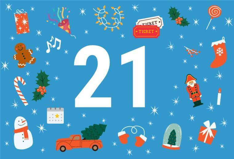 Die Zahl 21 auf blauem Hintergrund mit weihnachtlichen Motiven.