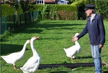Ludwig Smidt steht in seinem landwirtschaftlichen Betrieb vor seinen Gänsen.