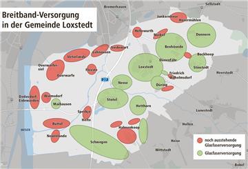 Wenn die Deutsche Glasfaser ihre Pläne umgesetzt hat, werden 80 Prozent der Loxstedter Haushalte (grün) über schnelles Internet verfügen. Die restlichen 20 Prozent (rot) will jetzt die Gemeinde mit Hilfe von Bund, Land und Kreis anschließen.