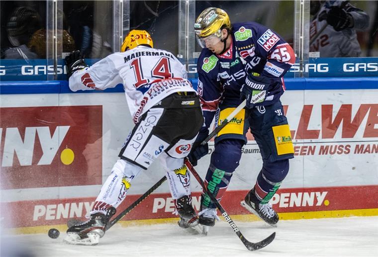 VIP-Karten-Verlosung für Duell mit Eisbären Berlin Eishockey: DEL, Eisbären Berlin - Pinguins Bremerhaven, Hauptrunde, Hauptrunde-Partien, 1. Spieltag, Mercedes-Benz Arena. Ross Mauermann (l) von Pinguins Bremerhaven kämpft gegen Berlins John Ramage um den Puck.