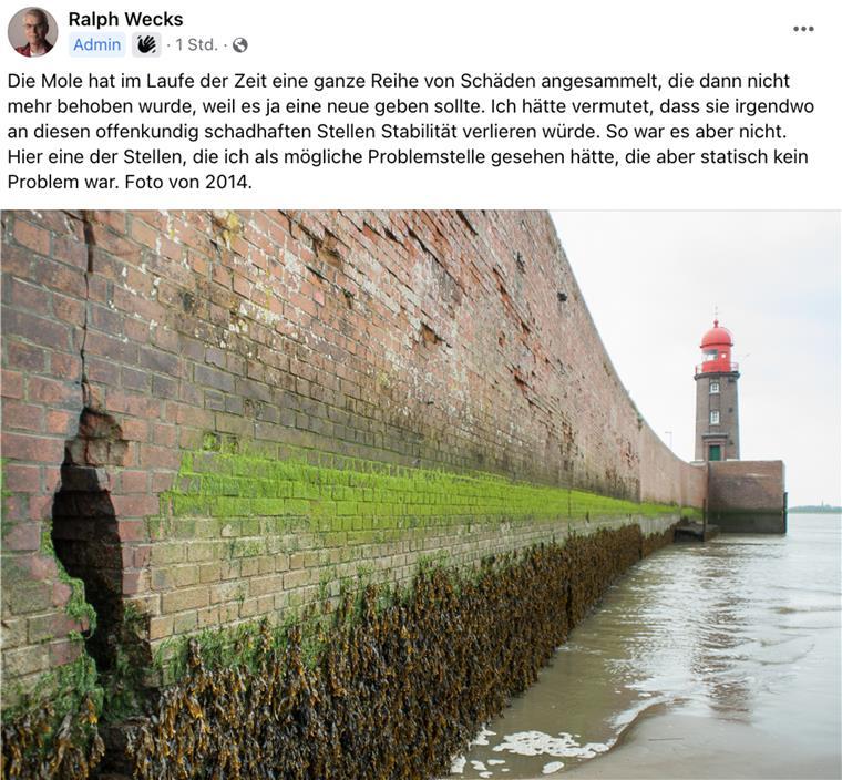Wer es wollte, konnte die wachsenden Schäden an der Nordmole deutlich sehen. Hier ein Bild von 2014.