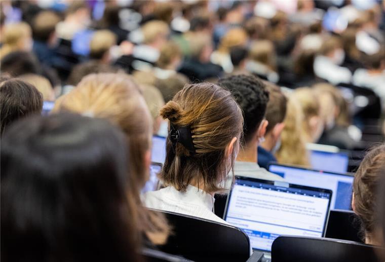 Studentinnen und Studenten sitzen während einer Vorlesung in einem Hörsaal.  Wer neben dem Studium arbeitet, muss auf Arbeitszeit, Einkommen und Versicherungen achten.