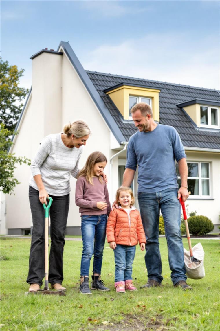 Familie vor Haus