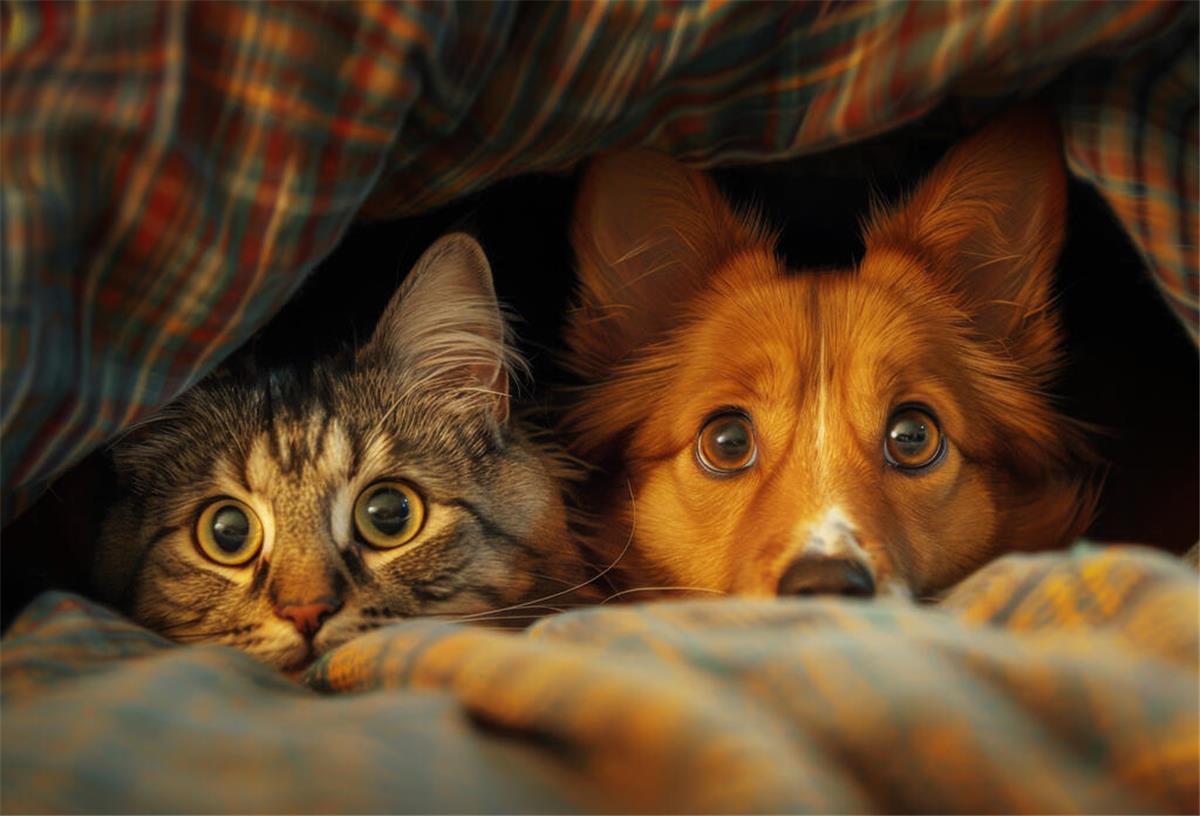 Hund und Katze unter einer Decke. 
