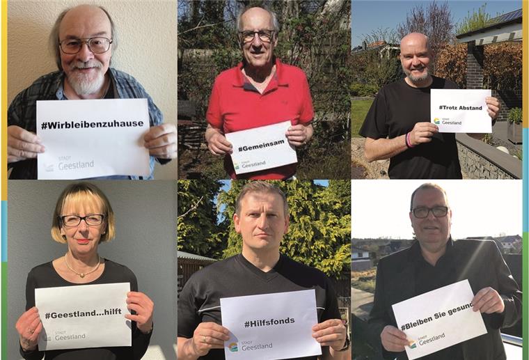 Wir in Geestland: Stadt legt Hilfsfonds über 100.000 Euro auf Zustimmung für den Hilfsfonds bei Ratsmitgliedern und Verwaltung (von links oben nach rechts unten): Dietmar Michalke, Steffen Tobias, Andy Schröder, Christine Sturmheit, Claus Seebeck und Bürgermeister Thorsten Krüger.