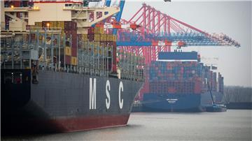 Zwei Containerschiffe liegen am Terminal Eurogate im Hamburger Hafen.