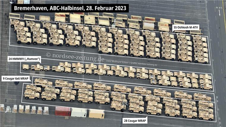Zwei Generationen von geländegängigen Fahrzeugen der US-Armee waren Ende Februar 2023 im Hafen von Bremerhaven auszumachen: In der Mitte der legendäre "Humvee", hier teils mit Anhängern, oben und unten die modernen minensicheren gepanzerten Fahrzeuge vom Typ Oshkosh M-ATV und Cougar MRAP.