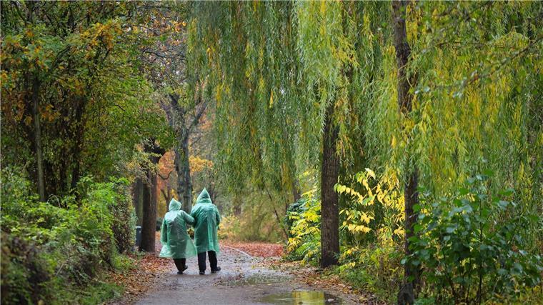 Zwei Menschen mit grünen Regenponchos gehen bei leichtem Dauerregen an der Außenalster spazieren.