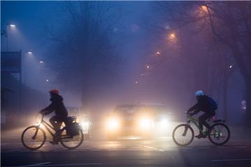 Zwei Radfahrer kreuzen bei Tagesanbruch im Nebel eine Straße. 